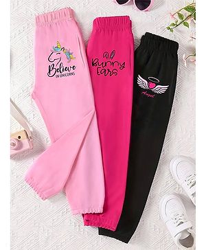 Trampoline Cotton Blend Knit Pack Of 3 Bunny Ears Text & Unicorn Printed Track Pant - Multi Colour