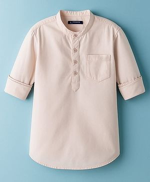 Pine Kids Cotton Woven Full Sleeves Solid Kurta Styled Shirt - Peach