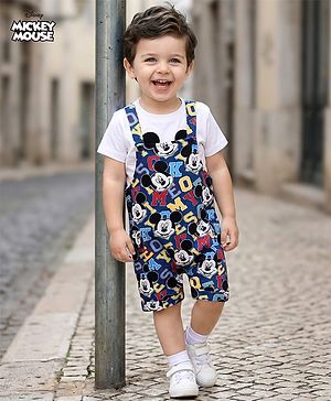 Babyhug Disney Single Jersey Knit Dungaree with Half Sleeves Inner Tee & Mickey Mouse Graphics - Navy Blue & White