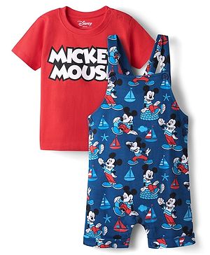 Babyhug Disney Single Jersey Knit Dungaree with Half Sleeves Inner Tee & Mickey Mouse Graphics - Navy Blue & Red