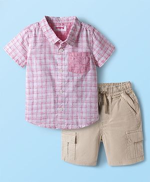 Babyhug Cotton Woven Half Sleeves Checked Shirt & Shorts Set - Pink & Beige