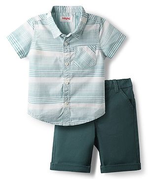 Babyhug Cotton Woven Half Sleeves Striped Shirt & Shorts Set - Teal Blue
