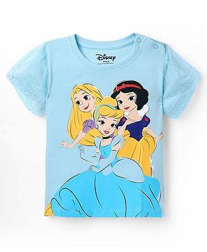 Babyhug Disney Single Jersey Knit Half Sleeves Top with Disney Princess Graphics - Light Blue