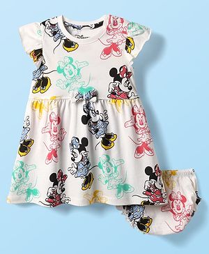 Babyhug Disney 100% Cotton Frill Sleeves Frock With Bloomer & Minnie Mouse Print - Multicolour