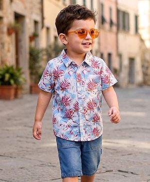 Babyhug Cotton Woven Half Sleeves Tropical Theme Printed Shirt & Denim Shorts Set - White & Blue