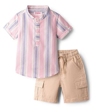 Babyhug Cotton Woven Half Sleeves Striped Shirt & Shorts Set - Beige