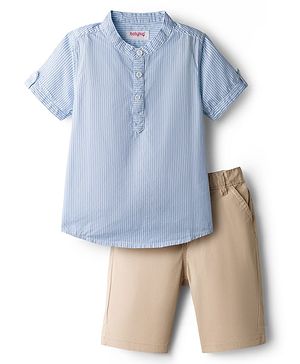 Babyhug Cotton Woven Half Sleeves Striped Kurta Styled Shirt & Shorts Set - Blue & Beige