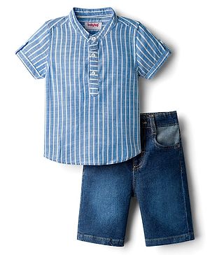 Babyhug Cotton Woven Half Sleeves Mandarin Collar Shirt & Denim Shorts Set With Stripes - Blue
