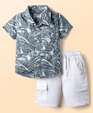 Babyhug Cotton Woven Half Sleeves Shirt & Shorts Set With Leaves Print - Blue & White