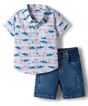 Babyhug Cotton Woven Half Sleeves Shirt & Denim Shorts Set with Sea Life Print - Blue & White
