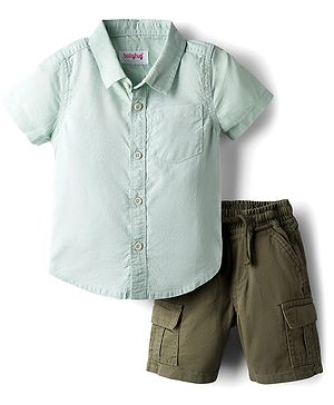 Babyhug Cotton Knit Solid Color Half Sleeves Shirt  & Shorts Set - Mint & Olive Green