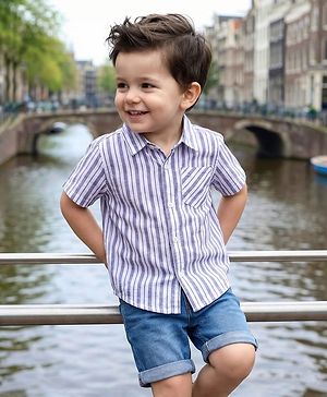 Babyhug Cotton Woven Half Sleeves Shirt & Shorts Set With Stripes - Blue & White