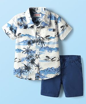 Babyhug Cotton Woven Half Sleeves Shirt & Shorts Set With Tropical Theme Print - White & Blue