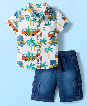 Babyhug Cotton Woven Half Sleeves Shirt & Short Set With Vehicle Print - White & Blue