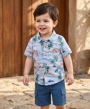 Babyhug Cotton Woven Half Sleeves Shirt and Shorts Set with Beach Theme Print - Navy Blue & White
