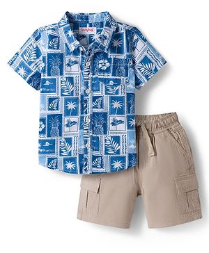 Babyhug Cotton Woven Half Sleeves Shirt and Shorts Set with Tropical Print - Blue & Grey