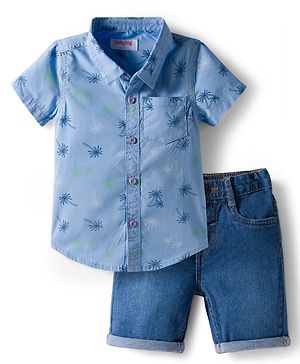 Babyhug Cotton Knit Half Sleeves Shirt and Shorts Sets with Coconut Tree Print  - Light Blue & Blue