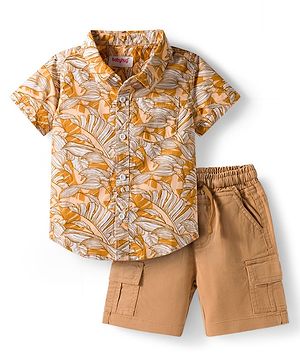Babyhug Cotton Woven Half Sleeves Shirt & Shorts Set With Leaf Print - Orange & Brown