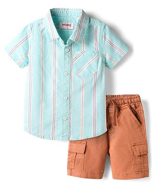 Babyhug Cotton Woven Half Sleeves Striped Shirt & Shorts Set - Light Blue & Orange