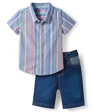Babyhug Cotton Woven Half Sleeves Striped Shirt & Shorts Set - Blue