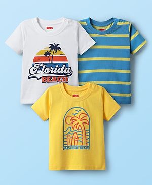 Babyhug 100% Cotton Knit Half Sleeves T-Shirts with Beach Theme Print & Stripes Pack of 3 - White Blue & Yellow