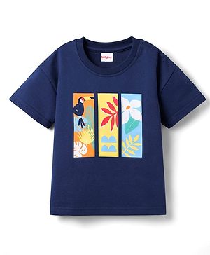 Babyhug 100% Cotton Knit Half Drop Shoulder Sleeves T-Shirt with Tropical Theme Print - Navy Blue