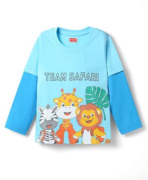 Babyhug Single Jersey Knit Full Sleeves T-Shirt With Animal Print & Team Safari Text Print - Light Blue