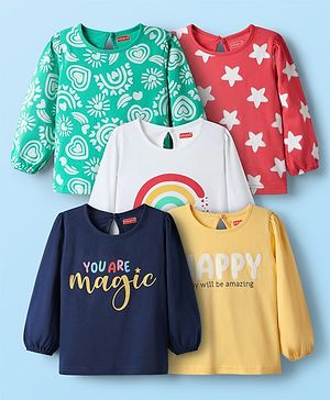Babyhug 100% Cotton Knit Full Sleeves T-Shirt with Star & You Are Magic Text Print Pack of 5 - Light Green & Navy Blue