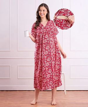 Bella Mama Cotton Woven Half Sleeves Maternity Nighty with Floral Print - Red