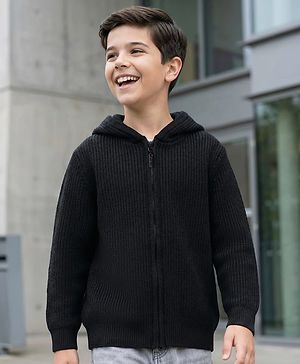 Pine Kids Knit Full Sleeves Solid Color Hooded Front Open Sweater - Black