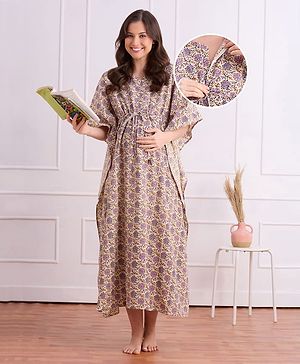 Bella Mama Cotton Woven Half Sleeves Maternity Nursing Kaftan With Floral Print - Multicolour