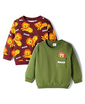 Babyhug Cotton Knit Full Sleeves Sweatshirts with Lion Print Pack of 2 - Brown & Olive Green