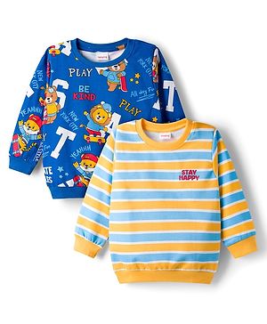 Babyhug Cotton Knit Full Sleeves Striped Sweatshirts with Animal Print Pack of 2 - Yellow & Blue