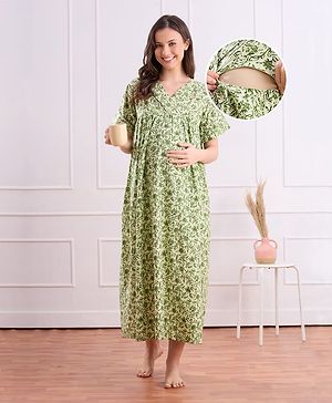 Bella Mama Cotton Woven Half Sleeves Maternity Nursing Nighty with Floral Print - Green