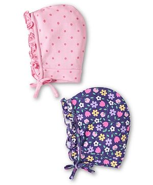 Babyhug 100% Cotton Knit Floral & Polka Dot Printed Caps Pack of 2 Navy Blue & Pink - Diameter 9.5 cm