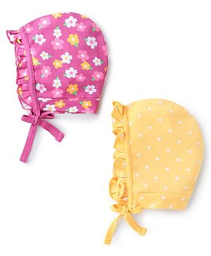 Babyhug 100% Cotton Interlock Knit Cap with Knot Floral & Polka Dot Print Pack of 2 Pink & Yellow - Circumference 29 cm
