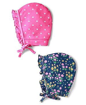 Babyhug 100% Cotton Knit Floral & Polka Dot Printed Caps Pack of 2 Navy Blue & Pink - Diameter 9 cm