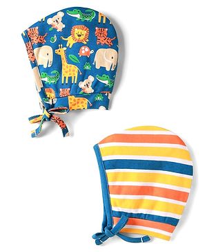 Babyhug 100% Cotton Knit Caps with Animal Print & Stripes Pack of 2 Blue & Yellow - Diameter 10 cm