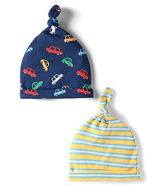 Babyhug 100% Cotton Knit Striped & Car Printed Caps Pack of 2 Navy Blue & Yellow - Diameter 11.5 cm
