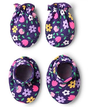 Babyhug 100% Cotton Interlock Knit Mittens & Booties Set with Floral Print - Purple