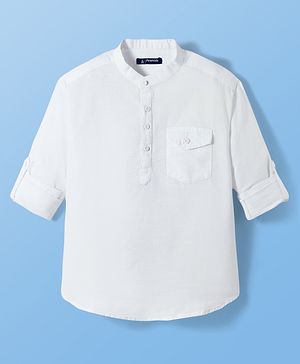 Pine Kids Cotton Woven Full Sleeves Solid Colour Kurta Style Shirt - White