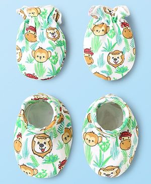 Babyhug 100% Cotton Interlock Knit Mittens & Booties Set with Animal Print - White