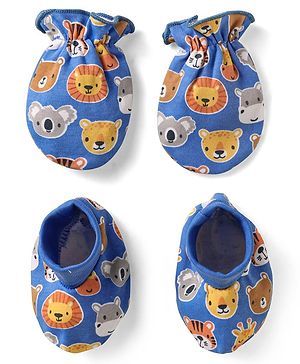 Babyhug 100% Cotton Knit Mittens & Booties Set with Animal Print - Light Blue
