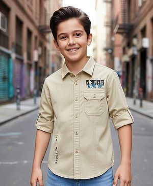 Pine Kids Cotton Woven Full Sleeves Shirt with Front Pocket & Text Print - Beige