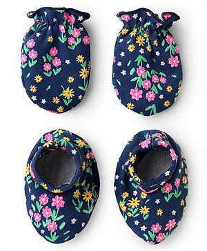 Babyhug 100% Cotton Interlock Knit Mittens & Booties Set with Floral Print - Navy Blue
