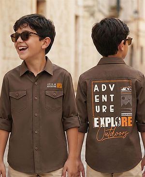 Pine Kids Cotton Woven Full Sleeves Shirt with Front Pocket & Text Print - Brown
