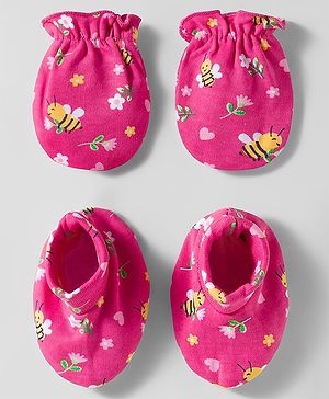 Babyhug 100% Cotton Mittens & Booties Set With Floral Print - Pink