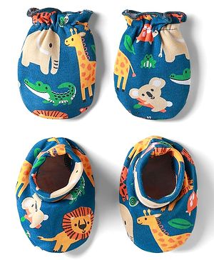 Babyhug 100% Cotton Knit Mittens & Booties Set with Animal Print - Navy Blue