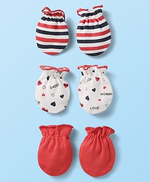 Babyhug 100% Cotton Knit Mittens with Heart Print & Stripes Pack of 3 - Red & White