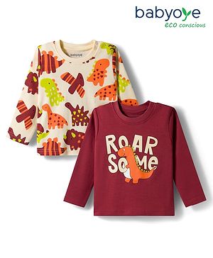Babyoye 100% Cotton Knit Full Sleeves T-Shirts with Dino Print Pack of 2 - Maroon & Cream